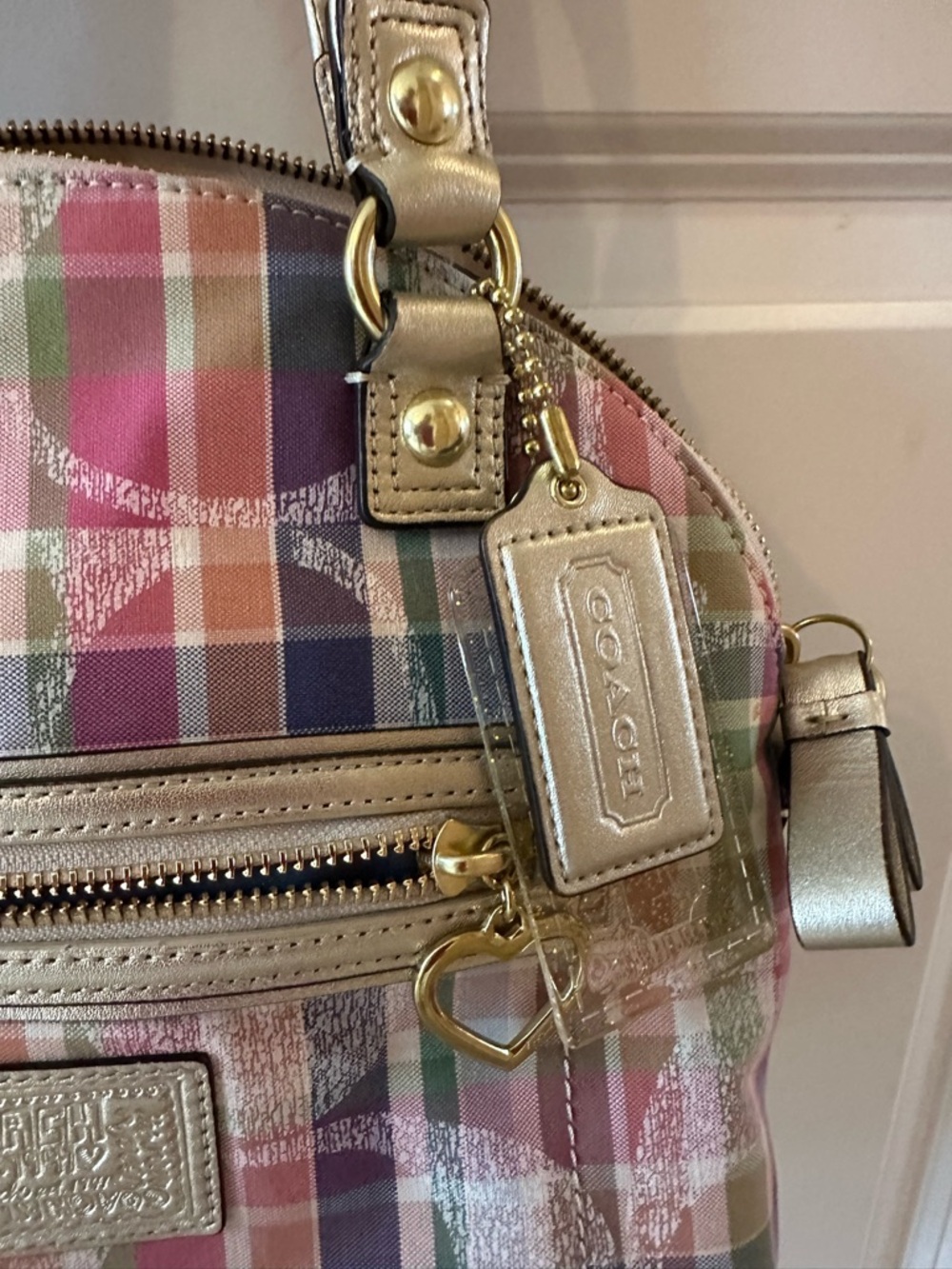 Coach Multicolor Plaid Dome Satchel with Pink and Gold Accents - Picture 2 of 5